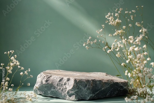 Marble stone on a green surface surrounded by delicate white flowers in soft ...