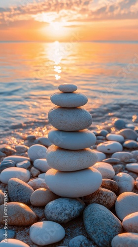 Balancing stones on a tranquil beach at sunset with soft waves gently lapping...