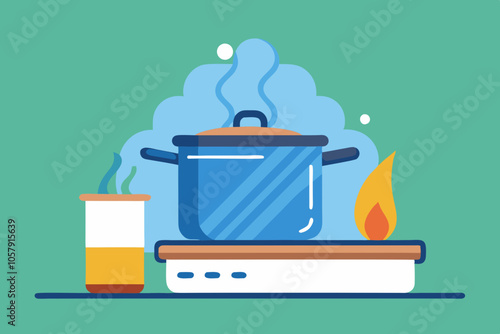 Boiling water in pan. Cooking pot on stove. Vector illustration