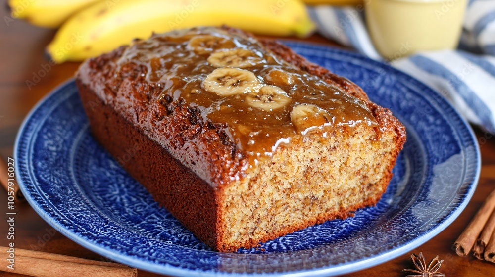 Banana bread with caramelized banana topping, on a blue porcelain plate, surrounded by whole cloves and cinnamon sticks Banana bread with caramelized banana topping, on a blue porcelain plate, surrounded by whole cloves and cinnamon sticks