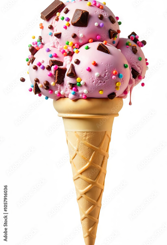 Strawberry ice cream with school crumbles in a waffle cone Strawberry ice cream with school crumbles in a waffle cone