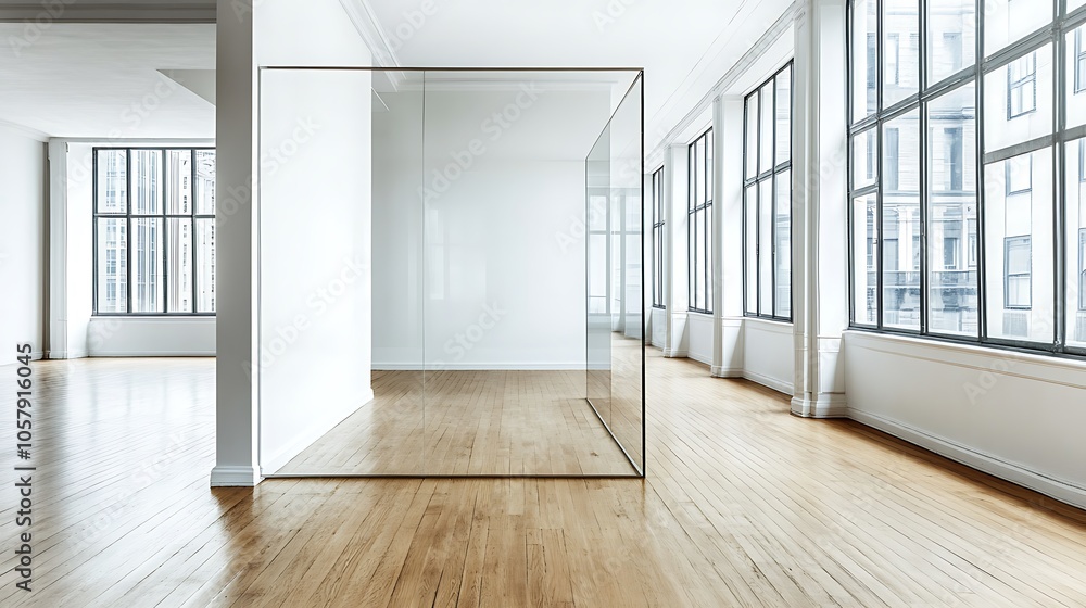 Modern Minimalistic Concrete Coworking Office room with Blank Walls, High Ceilings,and Mockup Frame Modern Minimalistic Concrete Coworking Office room with Blank Walls, High Ceilings,and Mockup Frame