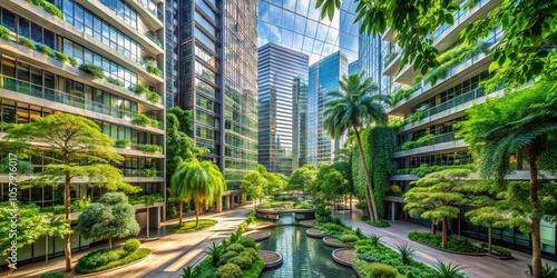 Aerial Symphony Serene Green Courtyard Oasis in Urban Jungle, Modern Architecture with Tranquil Water Feature. Peaceful Urban Escape Concept for Relaxation and Sustainability