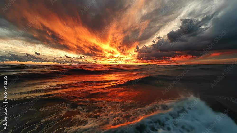 The sky is ablaze with orange and red hues as the sun sets over the ocean The sky is ablaze with orange and red hues as the sun sets over the ocean