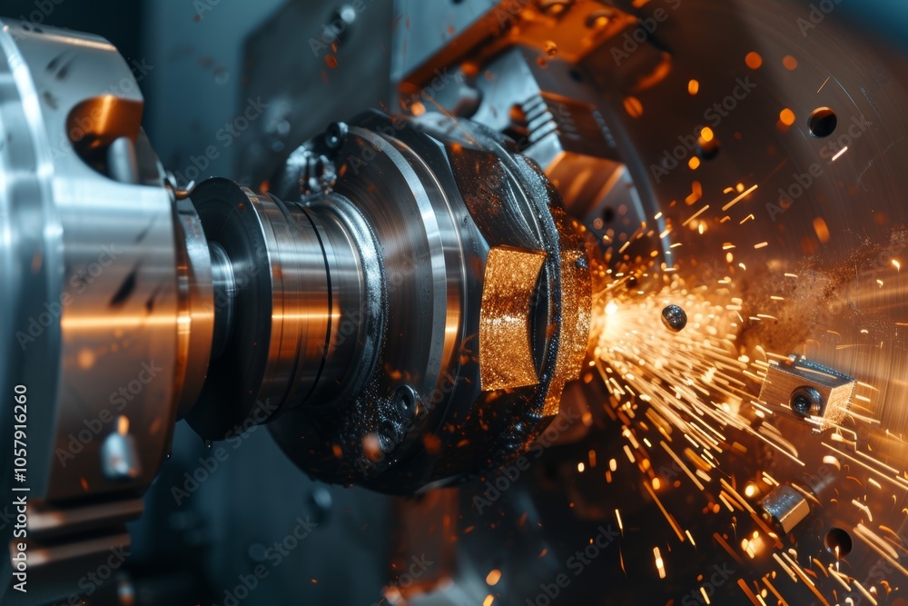 CNC turning machine in operation producing precision metal parts with sparks flying in a modern manufacturing facility CNC turning machine in operation producing precision metal parts with sparks flying in a modern manufacturing facility