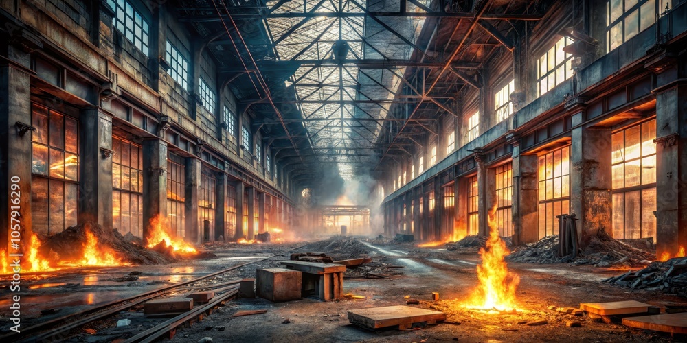 Obraz premium Dramatic Macro View of Fire-Ravaged Industrial Building, Ablaze in Warm Hues and Shadows, Symbolizing Destruction and Chaos in Post-Apocalyptic Setting