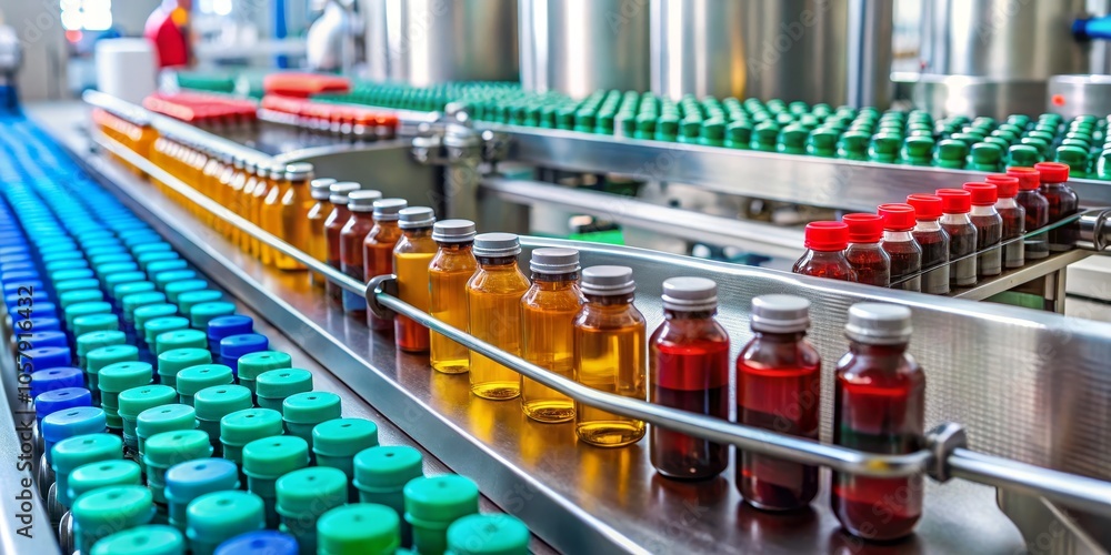 Efficient Liquid Manufacturing Line Close-Up View of Bottles on Conveyor Belt in Industrial Factory Setting, Production and Packaging Process Concept Efficient Liquid Manufacturing Line Close-Up View of Bottles on Conveyor Belt in Industrial Factory Setting, Production and Packaging Process Concept