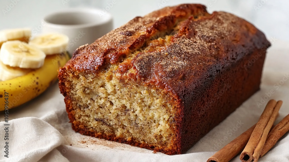 Classic banana bread loaf with crispy edges, on a beige linen, with cinnamon sticks and fresh banana slices Classic banana bread loaf with crispy edges, on a beige linen, with cinnamon sticks and fresh banana slices