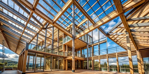 Elegance in Wood and Glass Symmetrical Modern Architecture Under Blue Skies, Celebrating Nature's Harmony Architectural Design Showcase