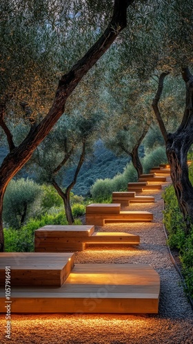 Elegant pathway illuminated by warm lights winding through lush olive trees i...