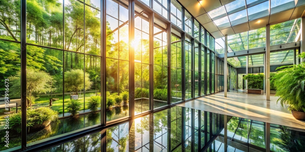 Enchanting Green Oasis Captivating Modern Hallway with Floor-to-Ceiling Windows and Lush Exterior Views, Natural Light Streaming In. Serene, Contemporary Architectural Design Enchanting Green Oasis Captivating Modern Hallway with Floor-to-Ceiling Windows and Lush Exterior Views, Natural Light Streaming In. Serene, Contemporary Architectural Design