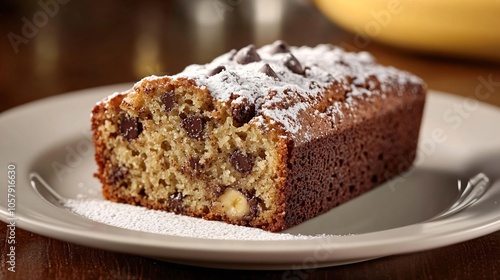 Classic banana bread with chocolate chips and banana slices on a white ceramic plate, with a touch of powdered sugar