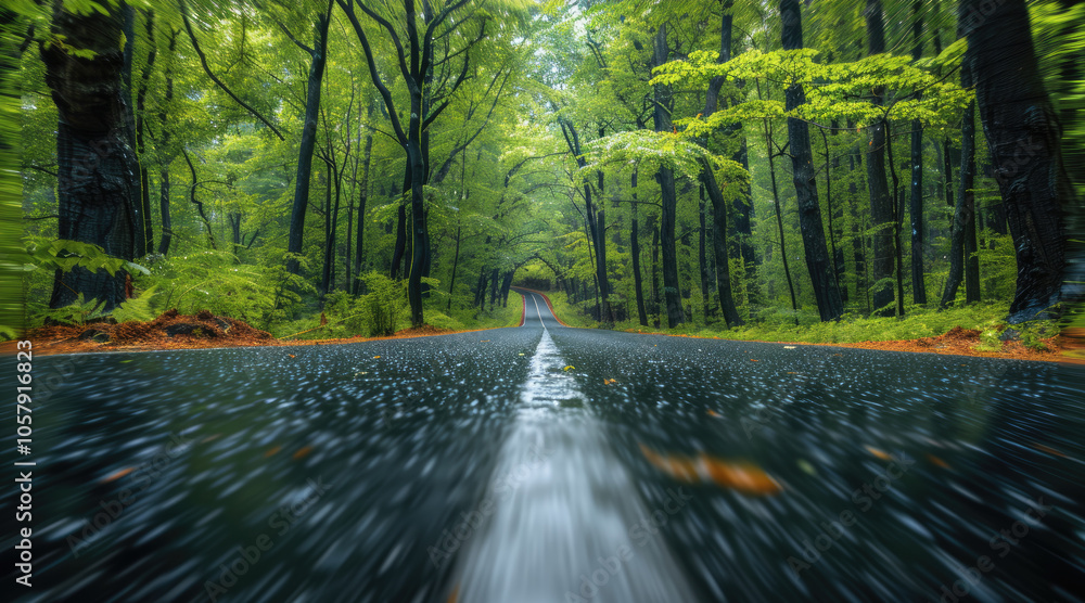A road in a forest with motion blur. The asphalt is clearly visible, and the trees on both sides show their entire height, creating an atmosphere of tranquility and nature. A road in a forest with motion blur. The asphalt is clearly visible, and the trees on both sides show their entire height, creating an atmosphere of tranquility and nature.