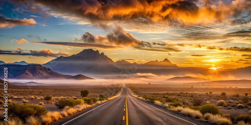 Golden Horizon Tranquil Road to Distant Mountains at Sunset - Serene Landscape Journey Into the Unknown