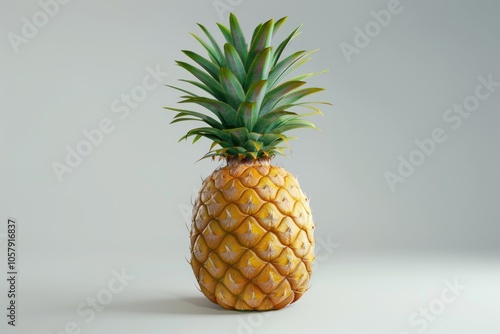 Tasty whole pineapple with leaves on white background