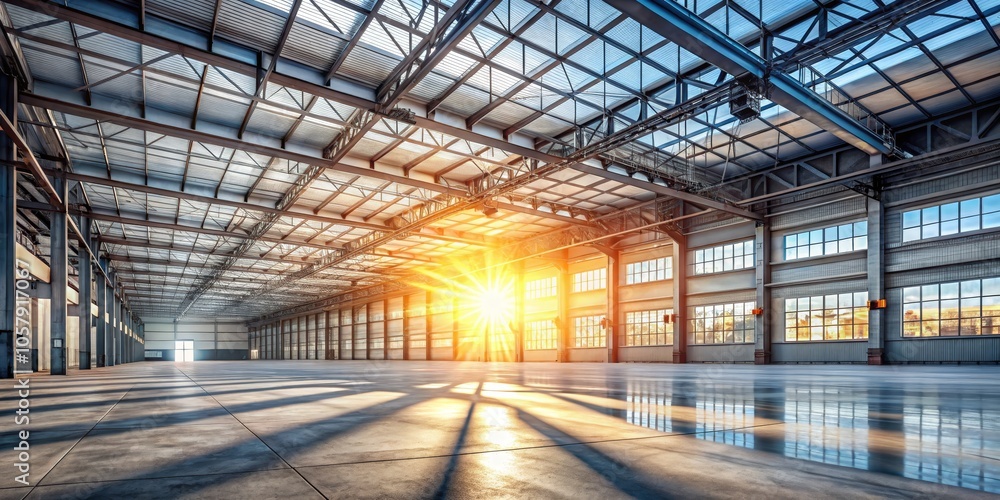 Industrial Elegance Vast Urban Space in Warm Sunlight, Concrete Floor and Steel Beams, Architectural Grandeur, Blurry Landscape View - Creative Inspirational Design Industrial Elegance Vast Urban Space in Warm Sunlight, Concrete Floor and Steel Beams, Architectural Grandeur, Blurry Landscape View - Creative Inspirational Design