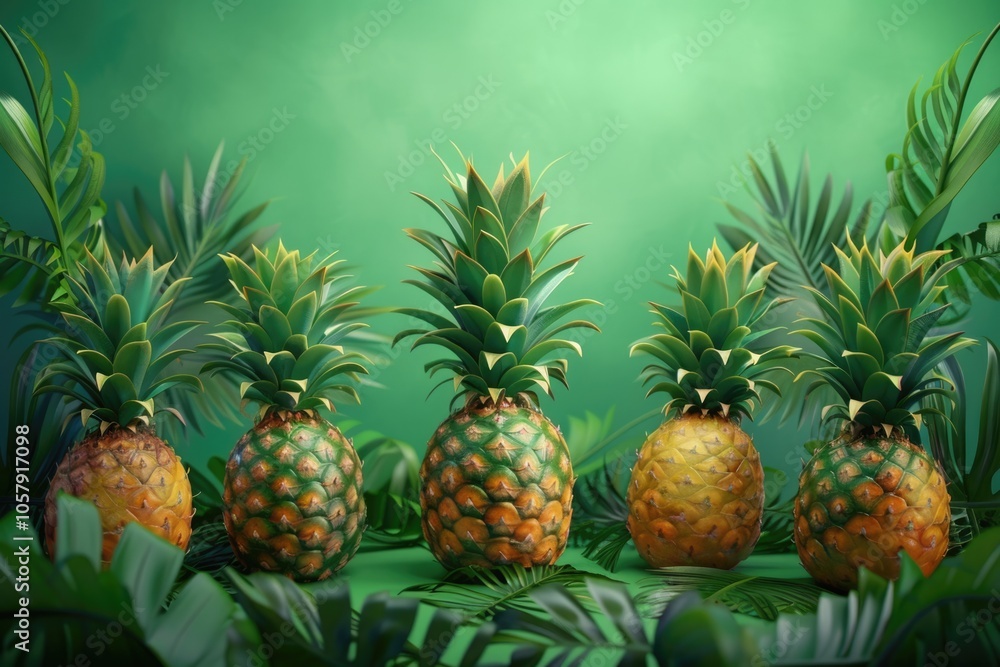 Fototapeta premium tropical pineapples on green background