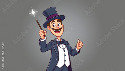 positive magician in suit and hat holding wand, isolated on grey isolated with white highlights, png photo