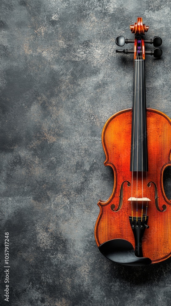 Naklejka premium A beautifully crafted wooden violin rests against a textured gray background