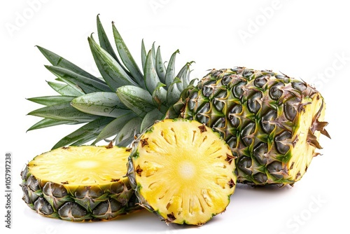 Whole pineapple and pineapple slice. Pineapple with leaves isolate on white. Full depth of field. photo