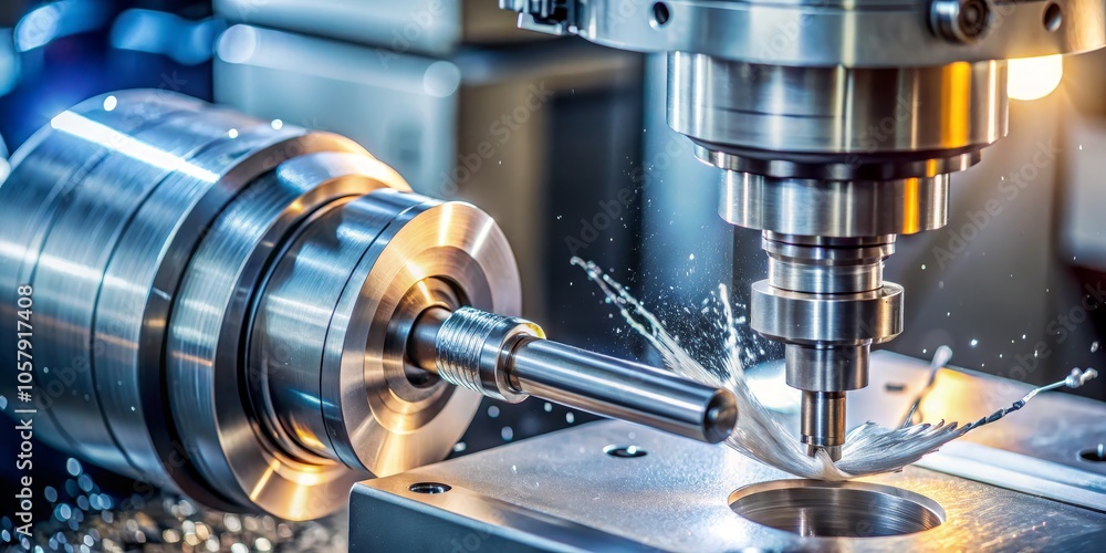 Metal-Working Machine in Action Precision Drill Bit Cutting Metal, Industrial Manufacturing Concept with Dynamic Motion and Blue Tones Metal-Working Machine in Action Precision Drill Bit Cutting Metal, Industrial Manufacturing Concept with Dynamic Motion and Blue Tones