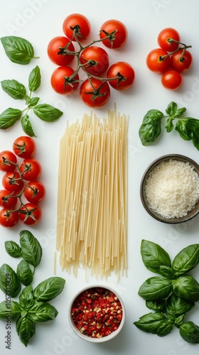 Fresh tomatoes and basil with spices and cheese on a white surface for a cook...