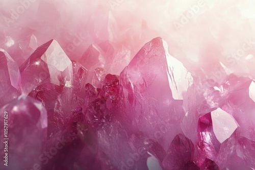 Shimmering pink quartz crystals reflecting light in a close up view