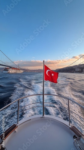 A ferry cruise on the Bosphorus with the Turkish flag waving under a clear bl...
