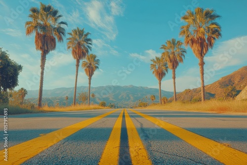 A quiet road lined with palm trees on a sunny day in a scenic landscape