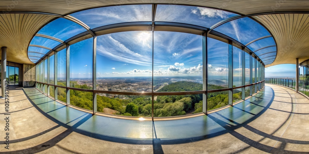 Fototapeta premium Panoramic Glass Balcony Oasis Modern Minimalist Design Frames Breathtaking Cityscape and Lush Green Landscape, Tranquil Serenity - Ideal for Architectural, Travel, Real Estate