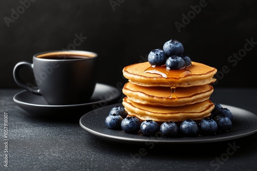 Delicious stack of pancakes with berries and a cup of coffee on a reflective ...