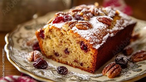 Golden banana bread with pecan topping on a vintage plate, with dried cranberries and a touch of powdered sugar