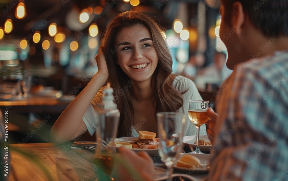 Happy young woman eating lunch with her boyfriend in a restaurant Happy young woman eating lunch with her boyfriend in a restaurant