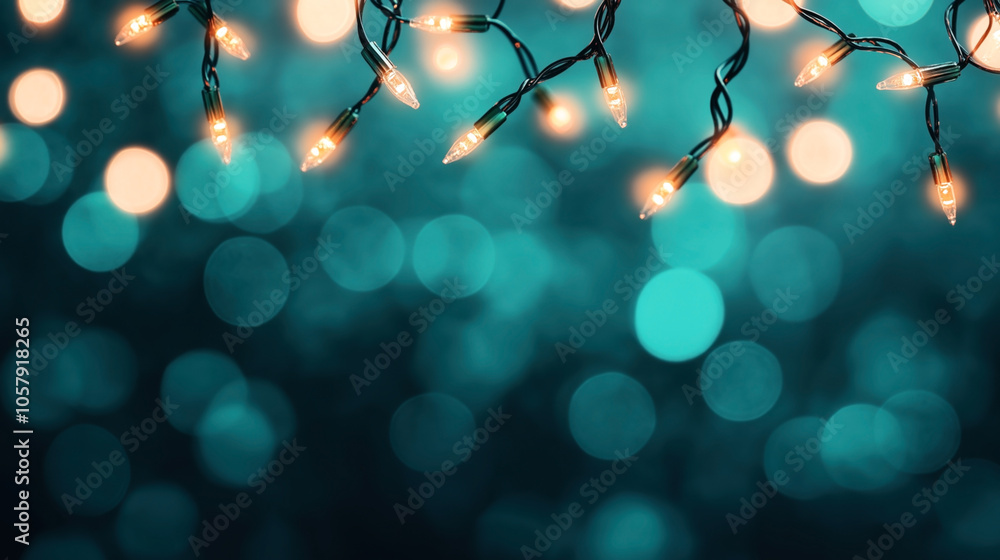 Close-up of glowing string lights against a turquoise bokeh background, creating a festive and warm atmospheric effect. Close-up of glowing string lights against a turquoise bokeh background, creating a festive and warm atmospheric effect.