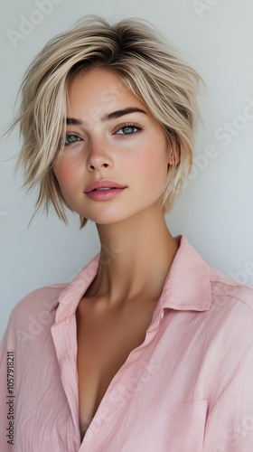 A young woman with short blonde hair poses in a light pink shirt against a ne...