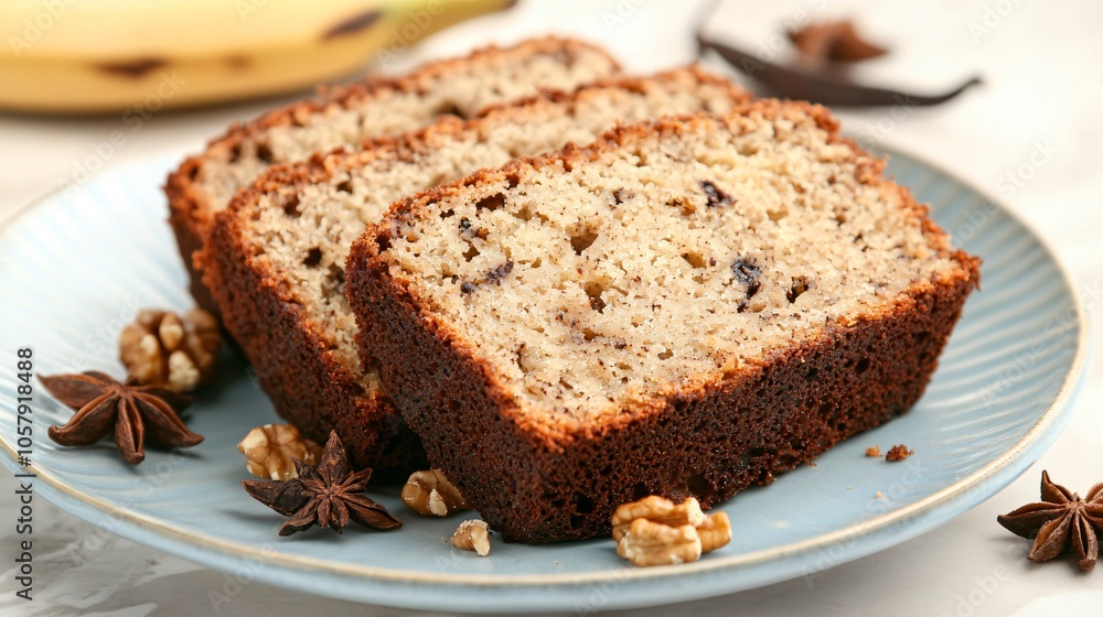 Moist banana bread slices with walnuts on a blue porcelain plate, decorated with vanilla beans and star anise Moist banana bread slices with walnuts on a blue porcelain plate, decorated with vanilla beans and star anise