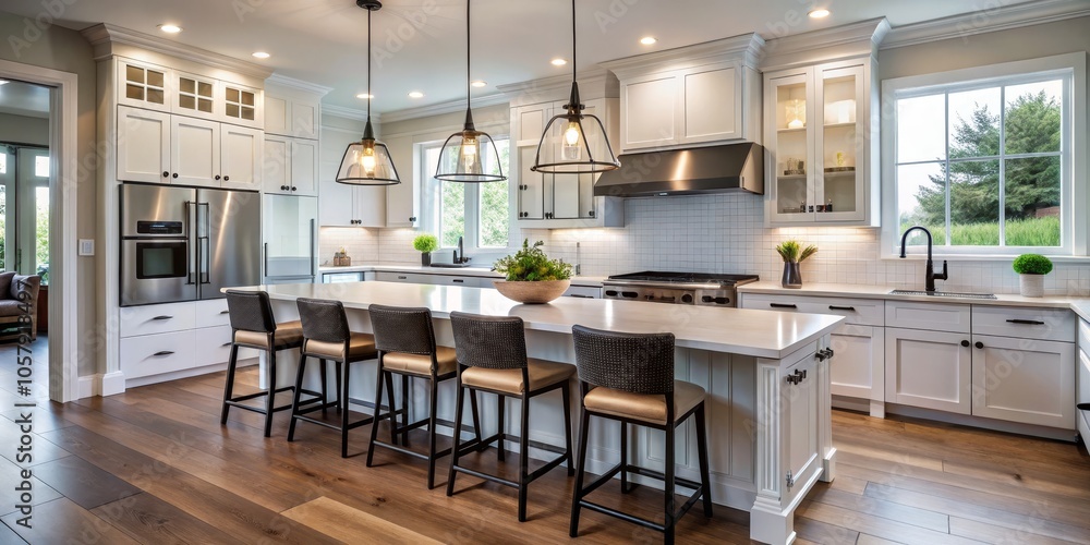 Sophisticated Modern Kitchen Island with Stylish Bar Stools in Bright Contemporary Setting - Elegant Interior Design Concept for Home Decor Enthusiasts Sophisticated Modern Kitchen Island with Stylish Bar Stools in Bright Contemporary Setting - Elegant Interior Design Concept for Home Decor Enthusiasts
