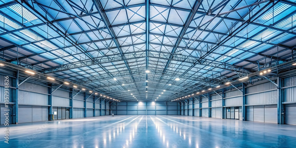 Symmetrical Vastness Wide-Angle View of Empty Industrial Space with Bright, Cool Tones and Metallic Textures, Ideal for Architectural Concepts and Design Projects Symmetrical Vastness Wide-Angle View of Empty Industrial Space with Bright, Cool Tones and Metallic Textures, Ideal for Architectural Concepts and Design Projects