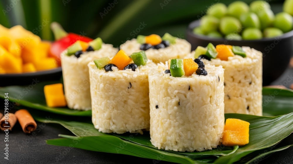 A Colorful Medley of Tropical Fruits Served with Creamy Coconut Rice for an Irresistible Gourmet Treat A Colorful Medley of Tropical Fruits Served with Creamy Coconut Rice for an Irresistible Gourmet Treat