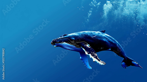 A majestic blue whale swims gracefully through the deep blue ocean.