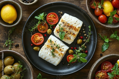 Grilled fish fillet garnished with fresh herbs and served with vibrant vegeta...