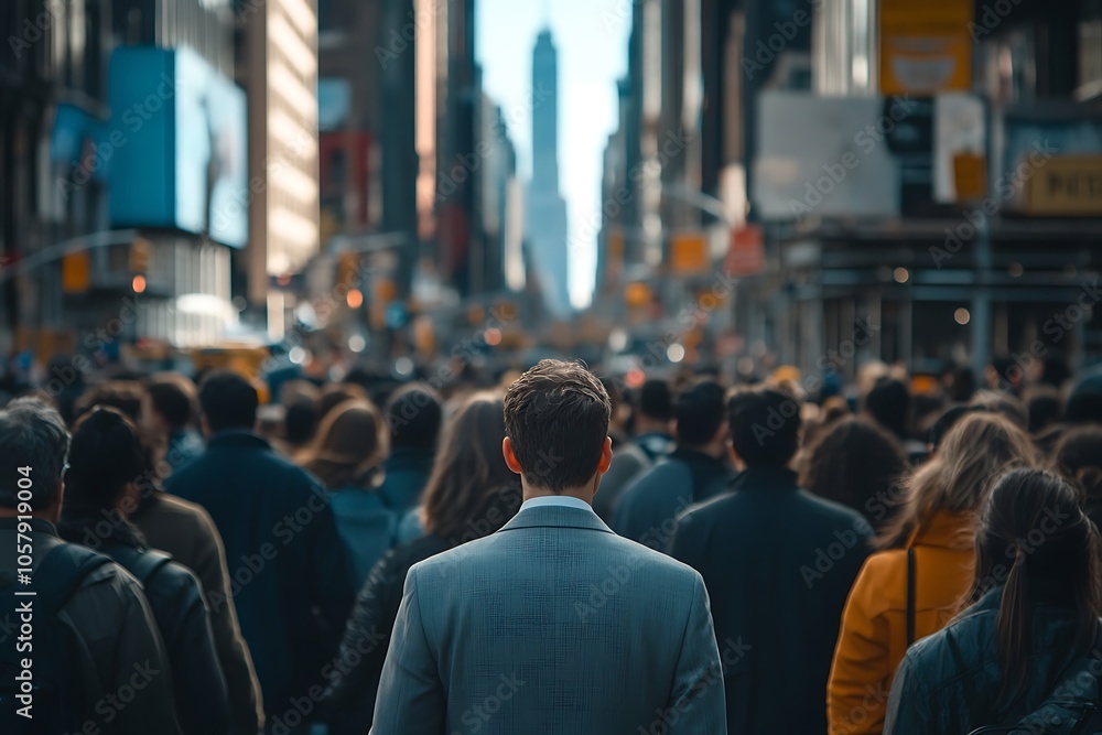 Man Walking Through Blurred City Crowd, Street Level View Man Walking Through Blurred City Crowd, Street Level View