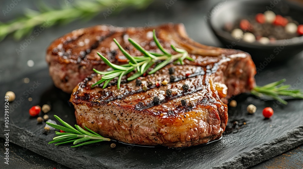 A perfectly grilled New York steak seasoned with spices, fresh rosemary, and pepper, presented on a black marble board. The setup is on a rustic wooden background A perfectly grilled New York steak seasoned with spices, fresh rosemary, and pepper, presented on a black marble board. The setup is on a rustic wooden background