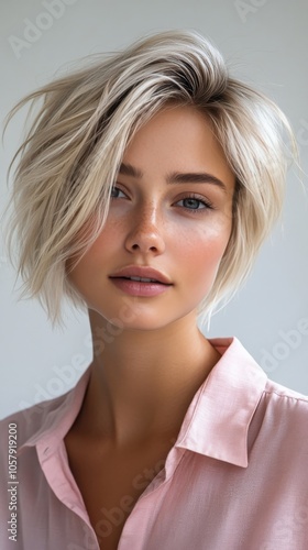 A young woman with short blonde hair poses in a light pink shirt against a ne...