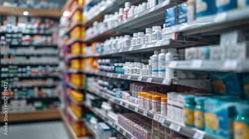 Pharmacy shelf with medicine and healthcare products