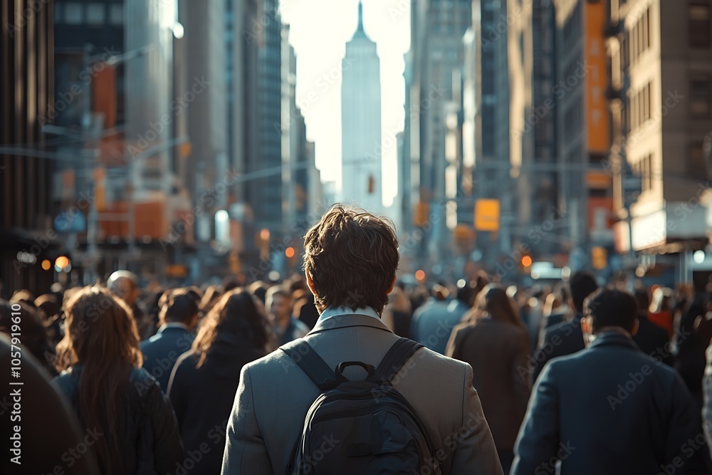 Man Walking Through City Crowd with Backpack on Street Level Man Walking Through City Crowd with Backpack on Street Level