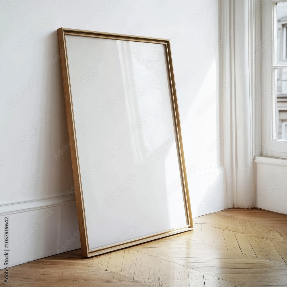 A large blank canvas in a wooden frame leans against a white wall on herringbone flooring near a window, creating a minimalist and spacious interior design A large blank canvas in a wooden frame leans against a white wall on herringbone flooring near a window, creating a minimalist and spacious interior design