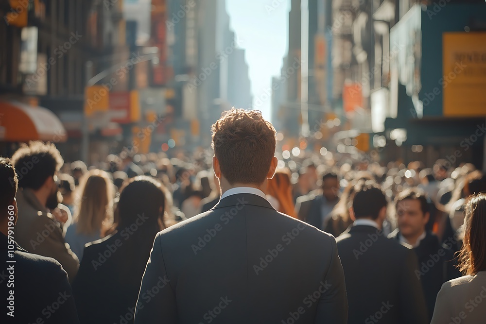Man Walking Through City Crowd With Sun Shining Through Buildings Man Walking Through City Crowd With Sun Shining Through Buildings