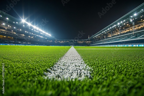Grass field illuminated at night inside a stadium with bright lights and a pe...