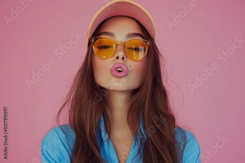 Young woman poses with colorful sunglasses and hat against a vibrant pink bac...